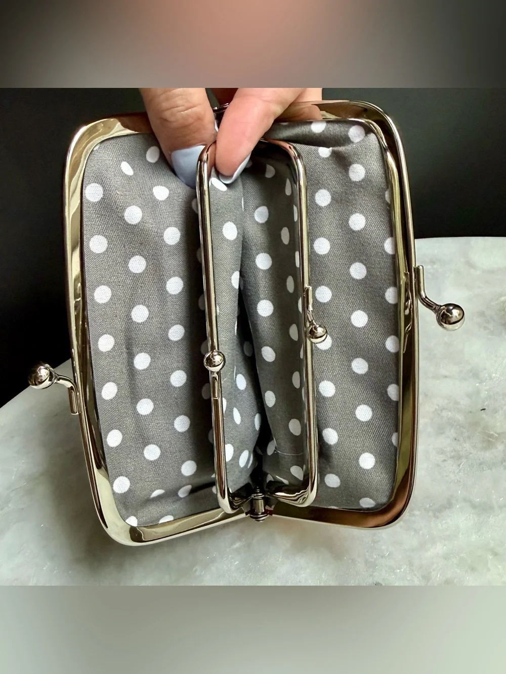Vintage Style Red Faux Leather Double Kiss Lock Coin Purse Wallet Polka Dot